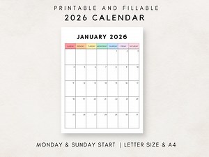 2026 Calendar Printable, Monthly Calendar 2026, Blank Calendar 2026, Calendar Template, 12 Month Calendar, Month at a Glance, 2026 Planner - Etsy UK