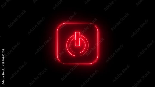 power button icon animation glowing neon red color startup shutdown screen turn on off button switch stop start computer closed button futuristic sign symbol on black background