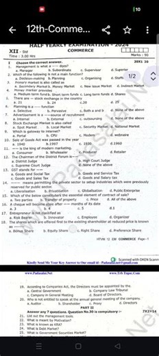 12th commerce halfly exam question paper || 12th commerce model question paper
