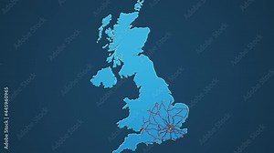 Light blue map of United Kingdom with cities, roads and railways on a dark blue background. 4K Animation with alpha channel
