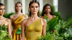 Elegant models in modern green attire walk the runway at a tropical-themed fashion show, celebrating design, sustainability, and Earth Day
