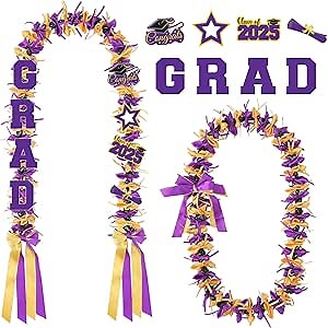 Jansun Graduation Lei Graduation Ribbon Leis Graduation Kukui Nut Leis Purple and Gold Braided Lei Honor Cord Class of 2025 College Gift Congrats Grad Party Supplies