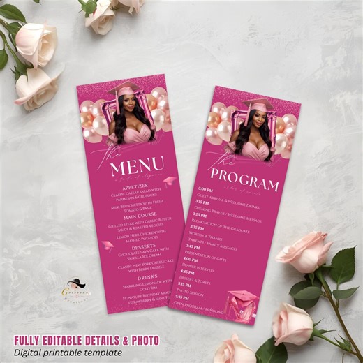 Pink Graduation Menu and Program Card, Senior Grad Party Menu With Photo, Order of Events, Graduation Announcement Menu, Printable Template - Etsy