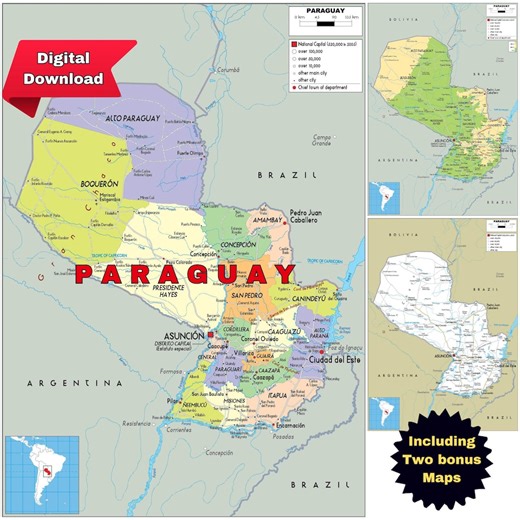 PARAGUAY Printable Map Set: Political, Physical & Road Network (A3 Digital Download) - Etsy Canada
