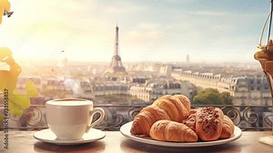 fresh coffee with snacks and landscape. seamless looping overlay 4k virtual video animation background