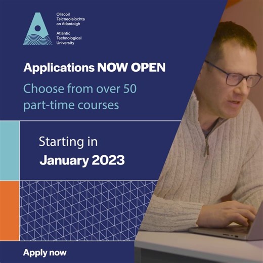Applications are now open for over 50 part-time courses starting in January 2023 at ATU. Whether you are entering third level for the first time or seeking to progress in your career, flexible study options are now open for application at ATU🎓 View our full course list here – https://loom.ly/UBNidBY #AtlanticTU #ATUSligo | ATU Sligo & ATU St Angelas
