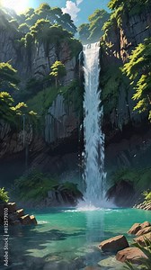 Anime-Inspired Looping Video: Tranquil Waterfall Flowing Through a Lush Forest, Illustrated with Beautiful Anime Artistry.