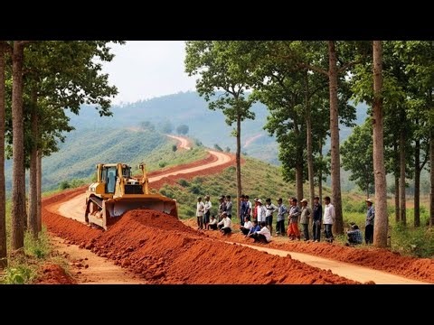 Bulldozer working on remote mountain path Extreme Excavation and Slope Road Construction Project
