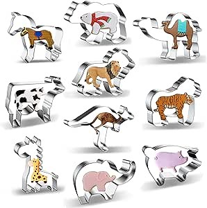Animal Cookie Cutters Shapes for Kids Baking Large - Safari Zoo Animals 10 Piece Cookie Cutter Set with Horse, Polar Bear, Camel, Cow, Lion, Giraffe, Tiger, Kangaroo, Elephant, Pig Cookie Cutter Mold