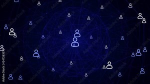 Looping animation.People connected with plexus lines.Connection network intro rotating animation.Global networking technology.Network marketing.Loop 3D animation with techno HUD BG.Blue.