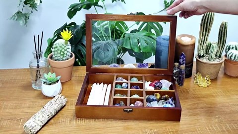 Adjustable Rock Display Case, Crystal Collection Box with Shelves, Wood Witchy Stones Organizer Storage,Gem Holder with Lid for Seashell, Collectibles, Wiccan Gift (Brown)