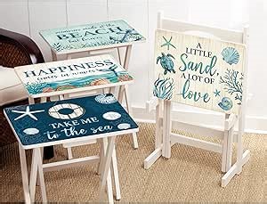 Cape Craftsmen Rectangular TV Trays Table | Set of 4 | Easy Folding Couch Trays with Storage Rack | Decorative Portabe Serving Tables for Home Activities (Marine Life, Set of 4)