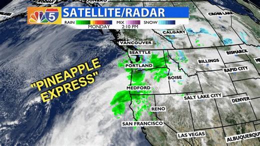 ***Posted Monday 2/23*** PINEAPPLE EXPRESS ON IT'S WAY: An atmospheric river commonly called the "Pineapple Express" is bringing significant rainfall to the Coast with moderate to heavy rainfall moving inland overnight. The Pineapple Express gets its name because the origin of this system is just a bit north of Hawaii! That means warm, moist, semi-tropical air is flowing from our southwest through the area. Expect warm but wet weather to continue for much of Tuesday with showers continuing into 
