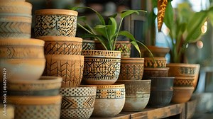 A stack of biodegradable pots each with a unique pattern and design showing their versatility in style. Stock Video