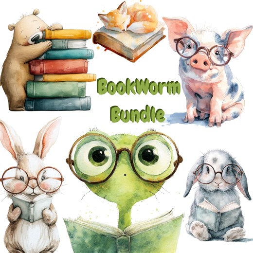 32 Bookworm Animal Clipart, Bookish Graphics for Crafts, Stickers & Printables, Digital Download - Etsy