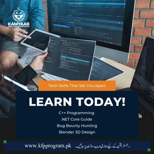 🚀 Tech Skills That Set You Apart 💻 C Programming | .NET Core | Bug Bounty Hunting | Blender 3D Design 🎯 Learn today. Build skills for tomorrow. 👉 Enroll now at kfpprogram.pk Get the details straight from us at https://www.kfpprogram.pk/signin #TechSkills #KFPProgram #LearnToday #Programming #DotNet #BugBounty #Blender3D #ITCourses #SkillDevelopment | Kamyab Freelancer Program - KFP