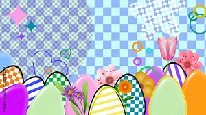 copy space with small square background and joyful moving Easter eggs, flowers and geometric shapes for easter holiday.