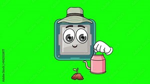 processor cartoon is watering a plant, wearing a sun hat