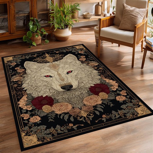 Gothic Wolf Rug: Black Gold Floral Pattern, Red Eyes Animal Art Home Decor Carpet - Etsy