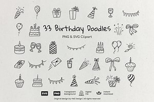 Birthday Doodles SVG PNG Clipart Set: Hand-drawn Party Icons (commercial Use) - Etsy