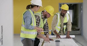 Meeting, floor plan and team of engineers with industrial ideas, planning or building development. Project, discussion and industry group working with blueprint and architecture design on site.
