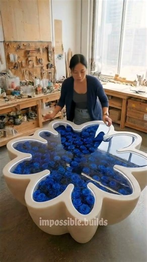 DIY Giant Flower Epoxy Coffee Table | Satisfying Resin Pour 💙 #shorts