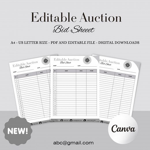 Silent Auction Bid Sheet, Silent Auction Sign up Sheet, Auction Bidding Sheet, Editable Fundraiser Form, Printable Canva Sheet Template - Etsy