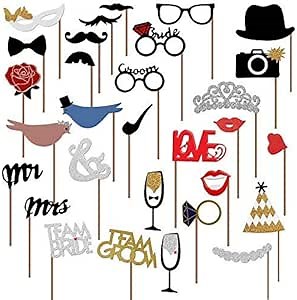 31Pcs Wedding Photo Booth Props – Funny Photo Booth Accessories with Variety Themes – Diverse & Vibrant Props for Photobooth, Designed to Elevate Wedding, Birthday & Party Photoshoots