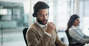 Call center, man and annoyed or stress in office with conflict with customer, tired and headache of frustration for support. Virtual assistant, burnout and angry in workplace for crm telemarketing.