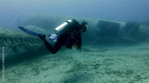 Old sunken war plane wreck underwater resting on deep sea floor covered with moss growth. Historic WWII aircraft remains create eerie mysterious scene for diving exploration.