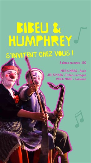 Et si la culture venait frapper à votre porte ? 🚪✨ Ⓜ️ En mars, Bibeu et Humphrey s'invitent dans 3 lieux gersois : au Centre social La Ruche du Baron à Auch (4 mars), au Café Sous Les Marronniers à Ordan-Larroque (5 mars), et au Café associatif de Lasseran (6 mars). 🤯 Parce qu'on croit que la culture ne doit pas attendre que vous veniez à elle, mais qu'elle peut s'inviter là où vous êtes : dans les cafés associatifs, les centres sociaux, les petits villages. Pas besoin de grande salle, juste d