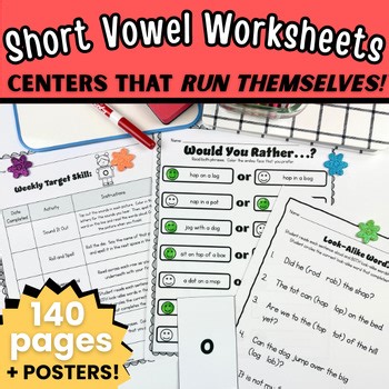Short Vowel Worksheets: Centers CVC Worksheets, Word Lists, Posters, & Games