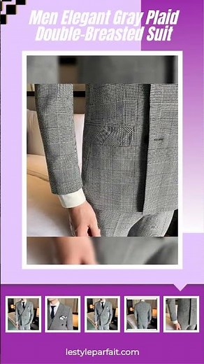 Men Elegant Gray Plaid Double-Breasted Suit