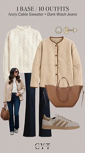 ✨ Comment the word “LINKS” below & I’ll send you a DM with all the details ✨ Link to the outfits also in the comments below 👇 1 Base, 10 Outfits 🎉 10 ways to wear two classic and timeless wardrobe staples: an ivory cable sweater and dark wash jeans ✔️ how to style, outfit ideas, elevated outfit, wardrobe essentials, coat, jacket, sneakers, boots, ballet flats, loafers #outfitideas #outfitinspiration #capsulewardrobe #everydaystyle #smartcasualstyle | Classy Yet Trendy