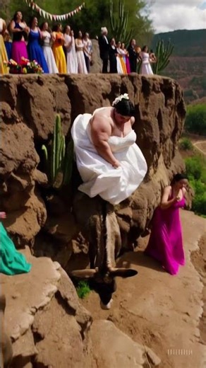 obese bride in wedding dress falling off a cliff