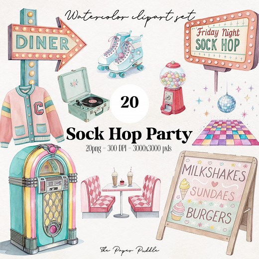 Sock Hop Party Clipart | 20 Pngs | 50s Diner Retro Clip Art | Roller Skates, Jukebox, Milkshake | 300 DPI Watercolor Download - Etsy