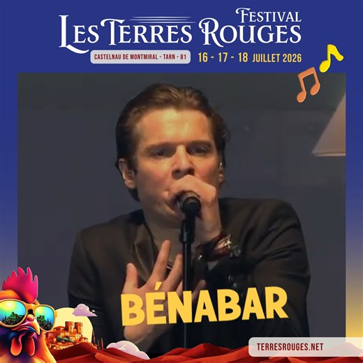 𝐁𝐞́𝐧𝐚𝐛𝐚𝐫 𝐬𝐮𝐫 𝐬𝐜𝐞̀𝐧𝐞 💗 : C'est de la générosité et une ambiance incroyable. Il transforme chaque concert en une fête immense, et c'est ce qu'il vous attend au 𝐅𝐞𝐬𝐭𝐢𝐯𝐚𝐥 𝐋𝐞𝐬 𝐓𝐞𝐫𝐫𝐞𝐬 𝐑𝐨𝐮𝐠𝐞𝐬 𝐥𝐞 𝐕𝐞𝐧𝐝𝐫𝐞𝐝𝐢 𝟏𝟕 𝐉𝐮𝐢𝐥𝐥𝐞𝐭 ! 🥳 Il sera très bien entouré par 𝐋𝐞𝐬 𝐂𝐫𝐨𝐪𝐮𝐚𝐧𝐭𝐬 𝐞𝐭 𝐘𝐚𝐧𝐢𝐬s 𝐎𝐝𝐮𝐚 pour une soirée qui s'annonce mémorable. Faites vite, la billetterie chauffe ! 🔥 👉 Réservez votre Vendredi (ou un pass 2 ou 3 jours ! ) : https:/