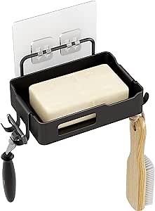 Soap Dish Shower, Stainless Steel Wall-Mounted Soap Tray for Shower Bathroom Kitchen Counter Top, Creative Soap Holder with Convenient Hooks (Black)