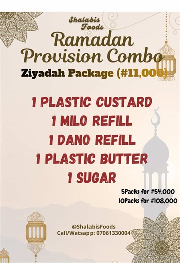 Our N11,000 Provision Package is specially curated for those who wants to give sadaqoh (Charity) in this only month of Ramadan and support a family with basic Provisions needed for Sahur and Iftar😇 It contains😌👇 . 1 Milo Refill • 1 Dano Refill • 1 Plastic Custard • 1 Plastic Butter •1 Sugar 📦 Neatly packed in a Customized Sadaqah Package Nylon 🏷️ N11,000 per pack 📌: MOQ: 5Packs Send a dm/Watsapp: 07061330004 to Book urs now📌📌📌 #sadaqahpackageforramadan#ramadansadaqohpackage#foodstuffsco