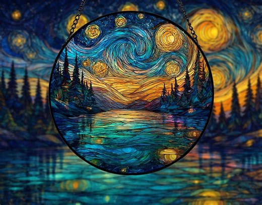 Stained Glass Sun Catcher Night Sky Landscape, Round Window Hanging Decor With Swirling Stars and Lake, Colorful Home Window Art - Etsy