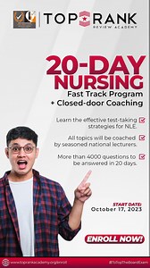 20-DAY NURSING FAST TRACK CLOSED-DOOR COACHING PROGRAM Are you taking the Nurse Licensure Exam this November? Looking for an affordable and top-notch review center that has produced numerous topnotchers? TopRank has something to offer you! Be 100% prepared for the board exam with TopRank Review Academy's Fast Track Program! #trendingvideos #SulitSaTopRank #TeamTopRank #shortsvideos #breakingnews #followusonfacebook #followforfollowback #reelsvideo #reelsinstagram #reelsviral #fbreels #fbreelsvid
