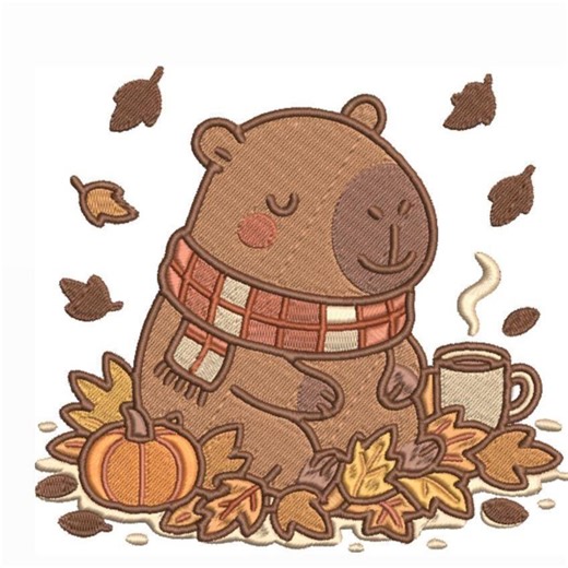 Diseño de Bordado Capibara Otoño Kawaii con Bufanda, Hojas y Calabaza, Ideal para Decoración y Ropa - Etsy México