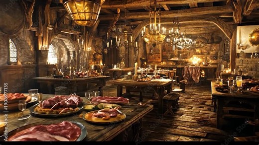 Medieval banquet hall filled with food and candlelight