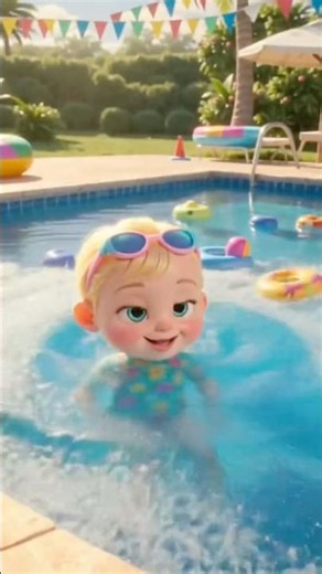 Watch adorable kids enjoying the swimming pool during a bright and sunny summer day! ☀️