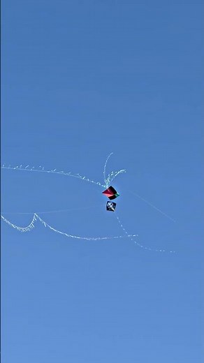 Kite held high with white string in the blue sky.