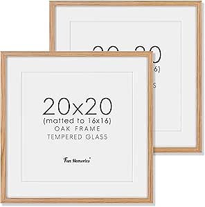 Fun Memories 20x20 Square Picture Frames, Rustic Solid Oak Wood Frame 20 x 20 for Wall, Wooden 20 by 20 Photo Frames with Tempered Real Glass, 20x20 Frame Matted to 16x16, Natural Color, Set of 2