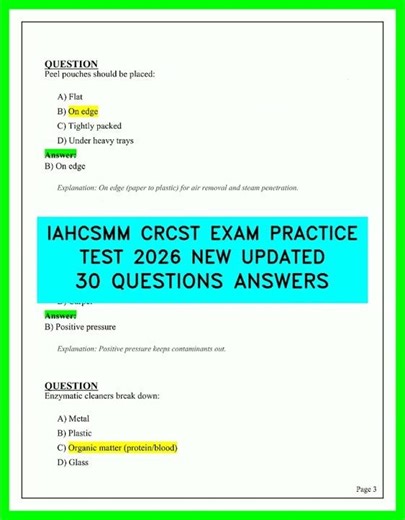IAHCSMM CRCST Exam Practice Test 2026 Updated | 30 Questions & Answers Review Video Latest 2026 HD