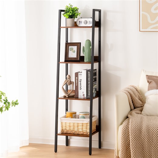 4-Tier Ladder Shelf, Corner Bookshelf for Living Room, Balcony, Home Office, Bookcase Storage & Display Shelf, Rustic Brown