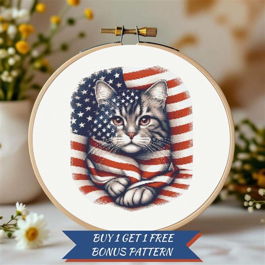 Patriotic American Cat Cross Stitch Pattern Cute USA Flag Kitten Embroidery Design Digital Download Art - Etsy