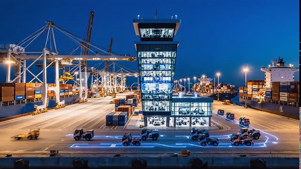 Nighttime port scene showcases busy terminal operations with illuminated control tower and moving vehicles, camera pans to capture activity and workflow